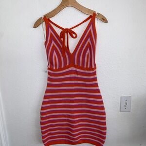 Stitch & Pine Orange Pink Striped Crochet‎ Halter Mini Dress S1496R703 Womens